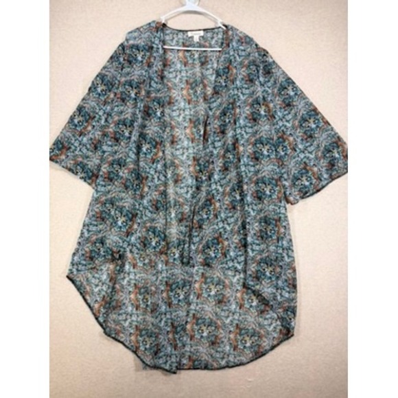 Espresso Sweaters - Espresso Kimono Cardigan Women 1X Teal Orange Boho Sheer Geometric High-Low Wrap